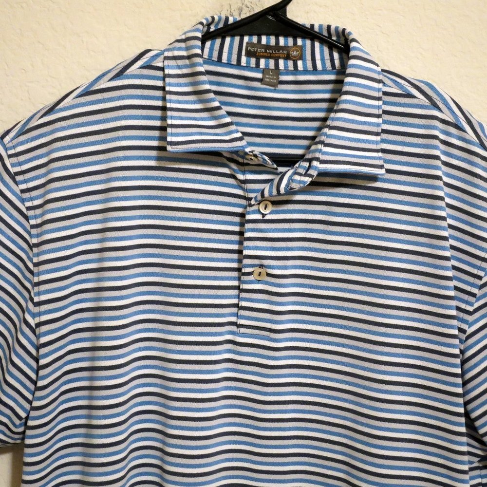 Peter Millar Summer Comfort Mens Short Sleeve Golf Polo Shirt Large Blue Stripes